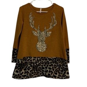 Lilypad Women’s Mustard Leopard & Sequined Deer Blouse Top Shirt